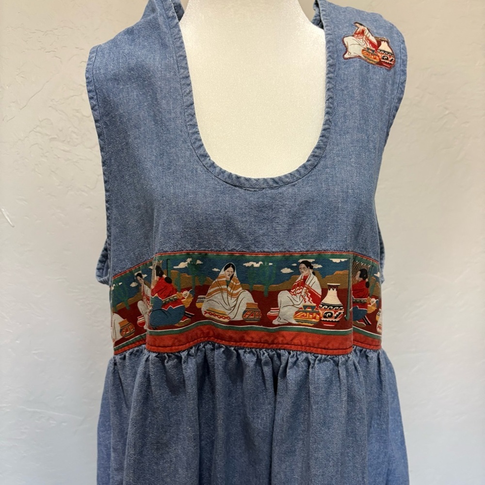 Vintage Handmade Denim Jumper Dress – Southwestern Folk Art Details – Size L - Picture 3 of 10